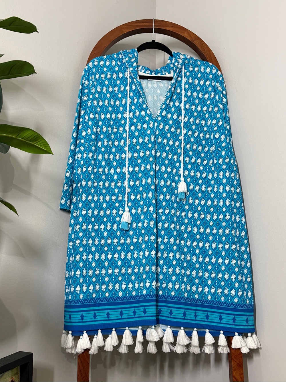 Cabana Life XL Blue White Printed Long Sleeve Hooded Swim Coverup Sun Protection